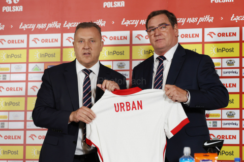 President of Polish Football Association CEZARY KULESZA and coach of polish national team in football JAN URBAN of Poland during the press conference in Warsaw (Poland).
