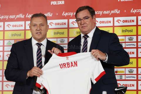 President of Polish Football Association CEZARY KULESZA and coach of polish national team in football JAN URBAN of Poland during the press conference in Warsaw (Poland).